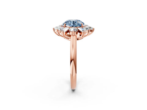 Rose gold Fancy Blue Round Cut Diamond Cluster Ring with Round and Baguette Stones, Split Shank Band, Prong Setting_2