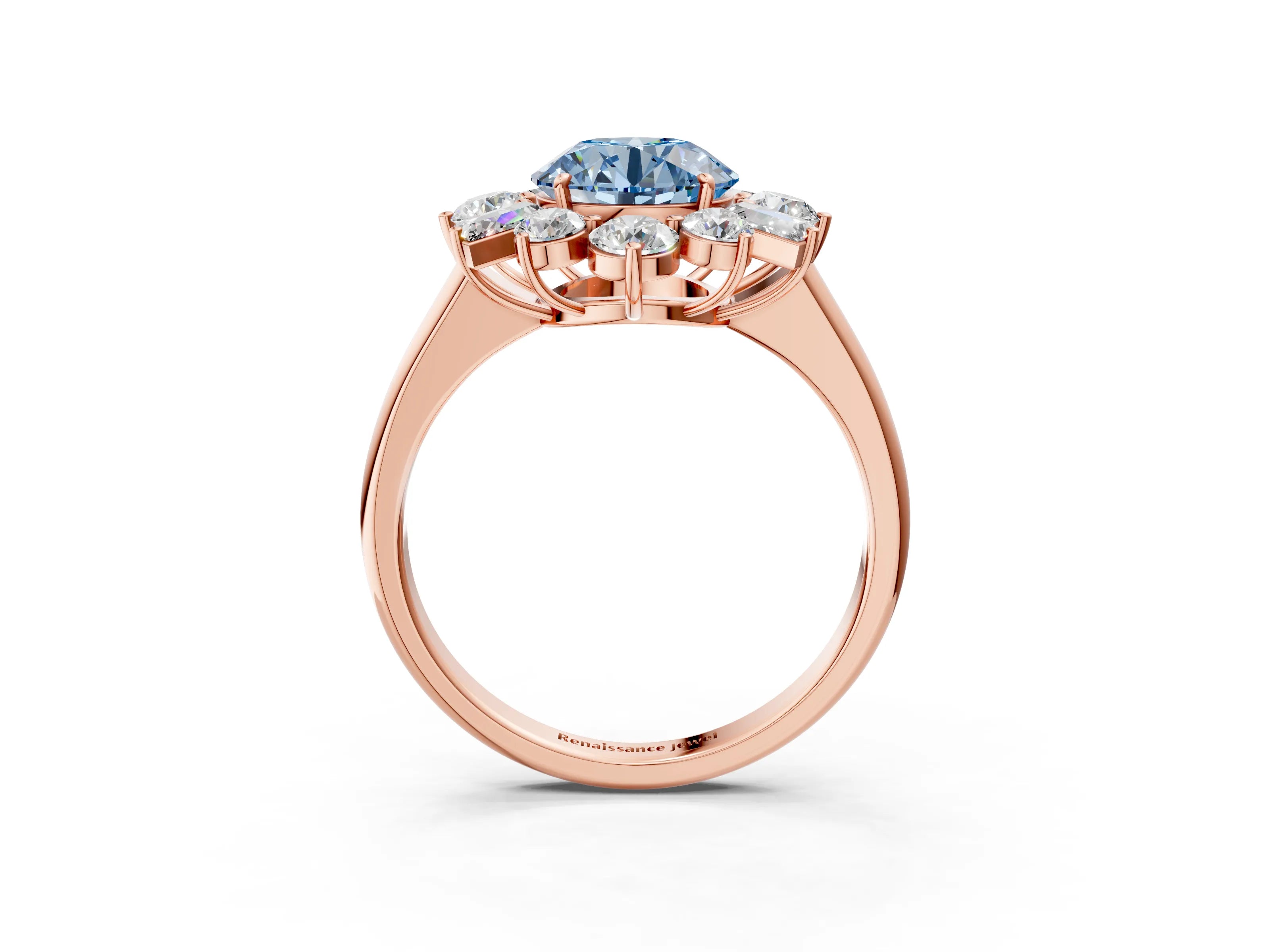 Rose gold Fancy Blue Round Cut Diamond Cluster Ring with Round and Baguette Stones, Split Shank Band, Prong Setting_3