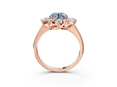 Rose gold Fancy Blue Round Cut Diamond Cluster Ring with Round and Baguette Stones, Split Shank Band, Prong Setting_3