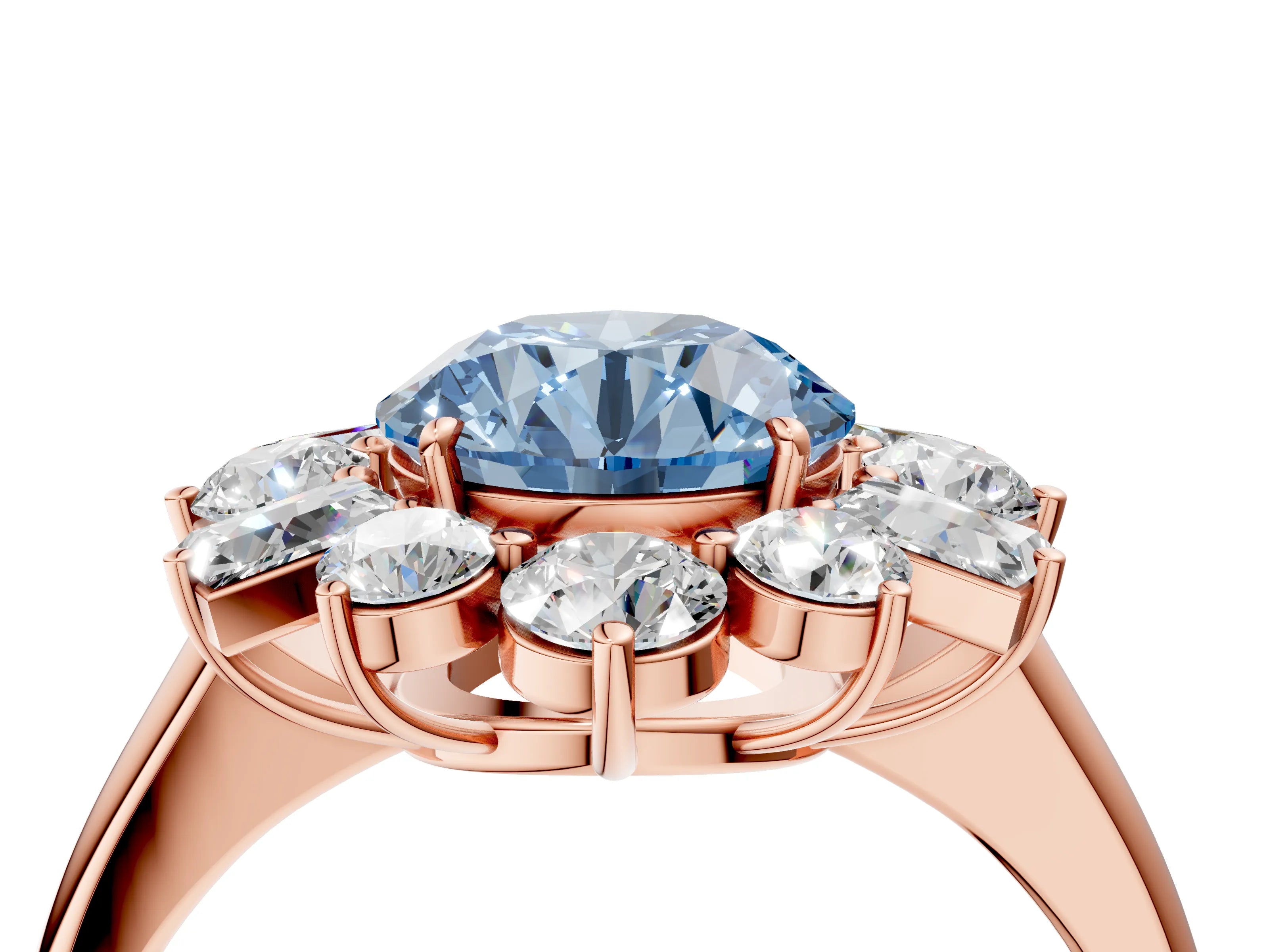 Rose gold Fancy Blue Round Cut Diamond Cluster Ring with Round and Baguette Stones, Split Shank Band, Prong Setting_4