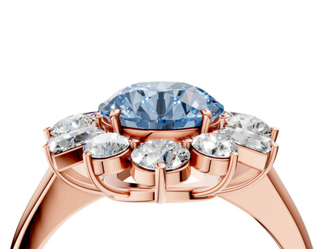 Rose gold Fancy Blue Round Cut Diamond Cluster Ring with Round and Baguette Stones, Split Shank Band, Prong Setting_4