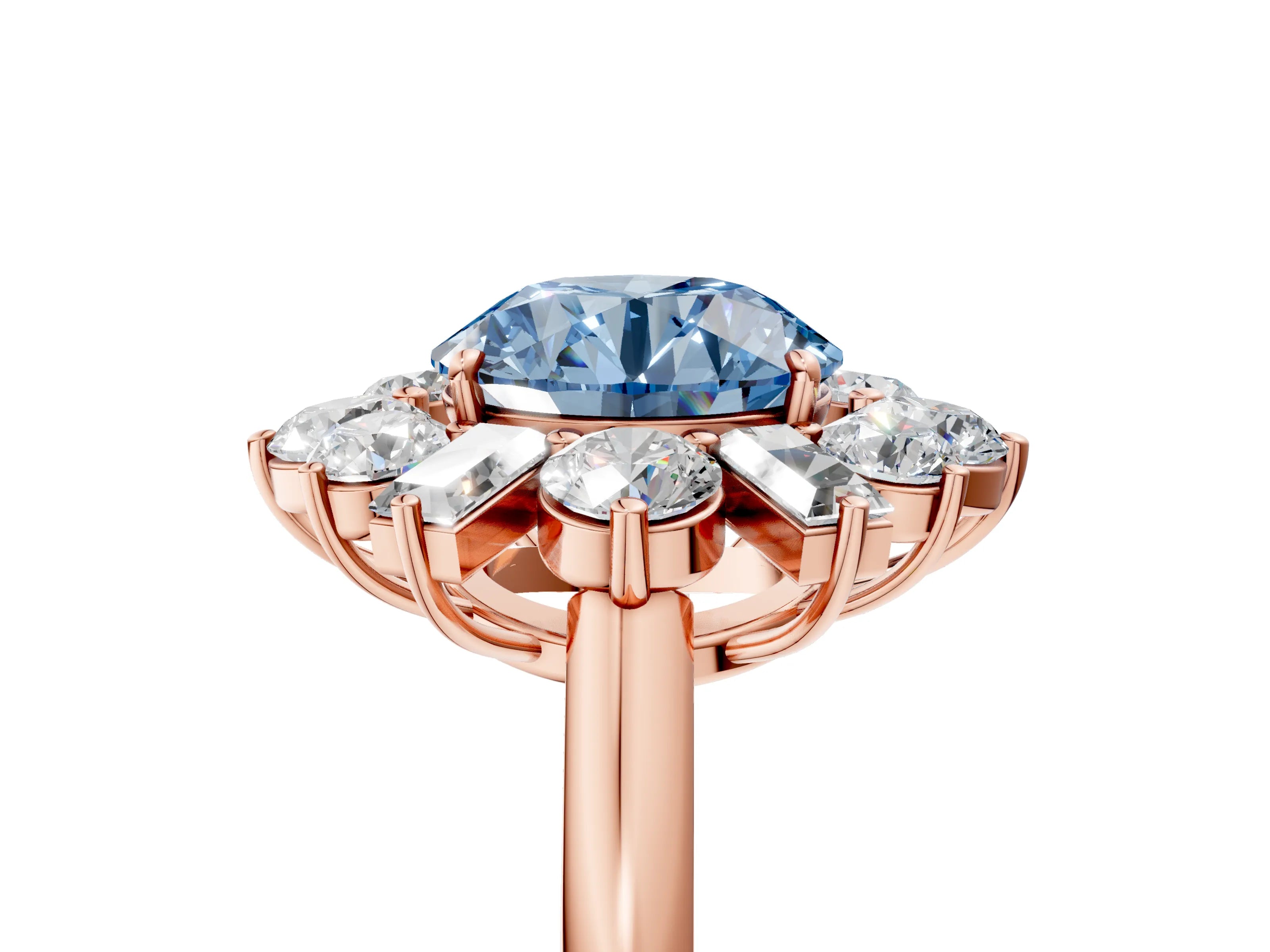 Rose gold Fancy Blue Round Cut Diamond Cluster Ring with Round and Baguette Stones, Split Shank Band, Prong Setting_5
