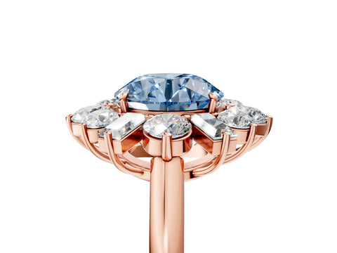 Rose gold Fancy Blue Round Cut Diamond Cluster Ring with Round and Baguette Stones, Split Shank Band, Prong Setting_5