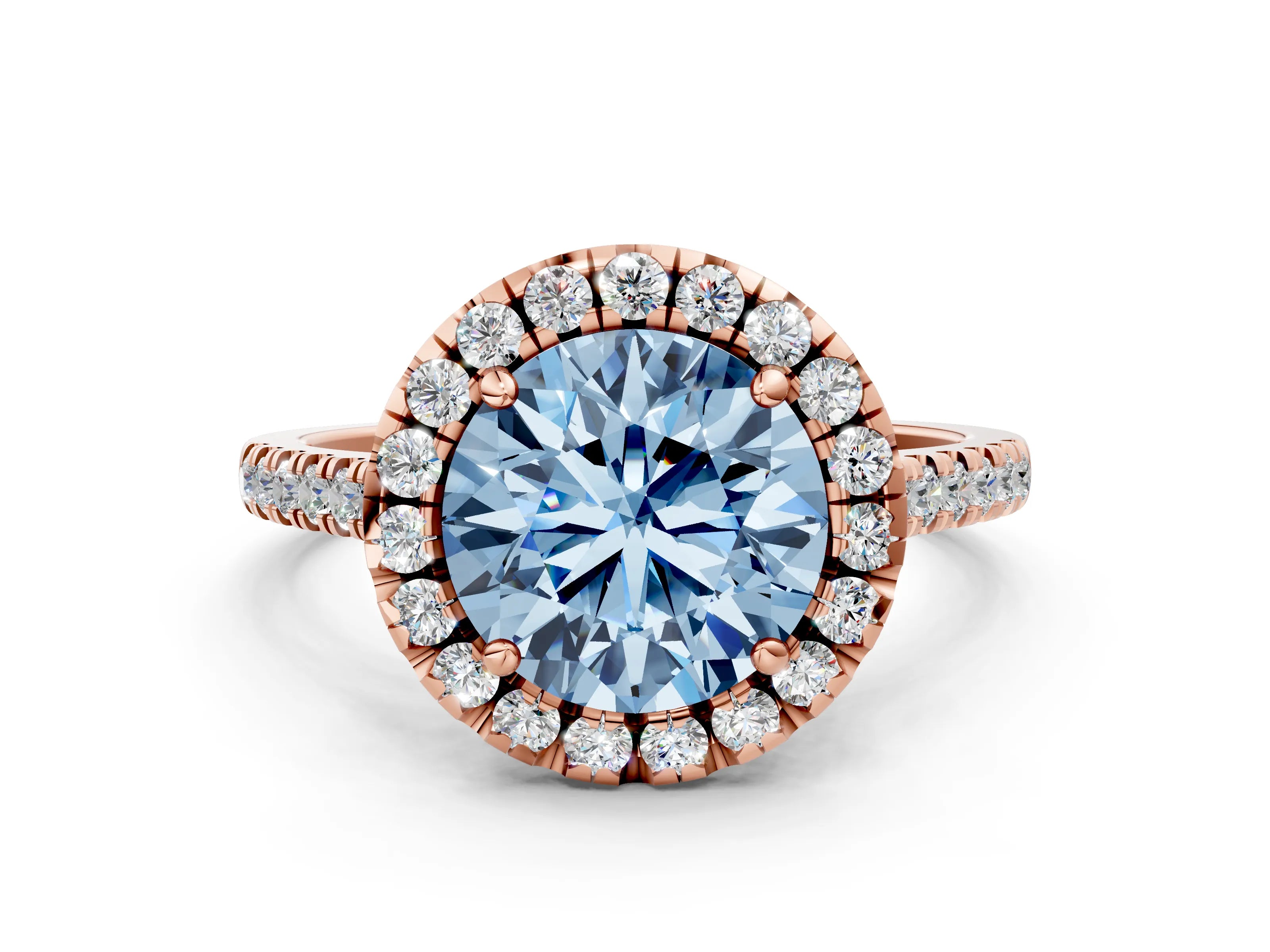 Rose gold Fancy Blue Round Cut Diamond Cushion Halo Ring with Pavé Band