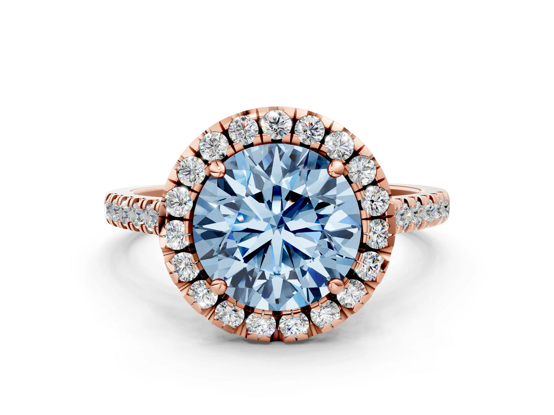 Rose gold Fancy Blue Round Cut Diamond Cushion Halo Ring with Pavé Band