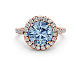 Rose gold Fancy Blue Round Cut Diamond Cushion Halo Ring with Pavé Band
