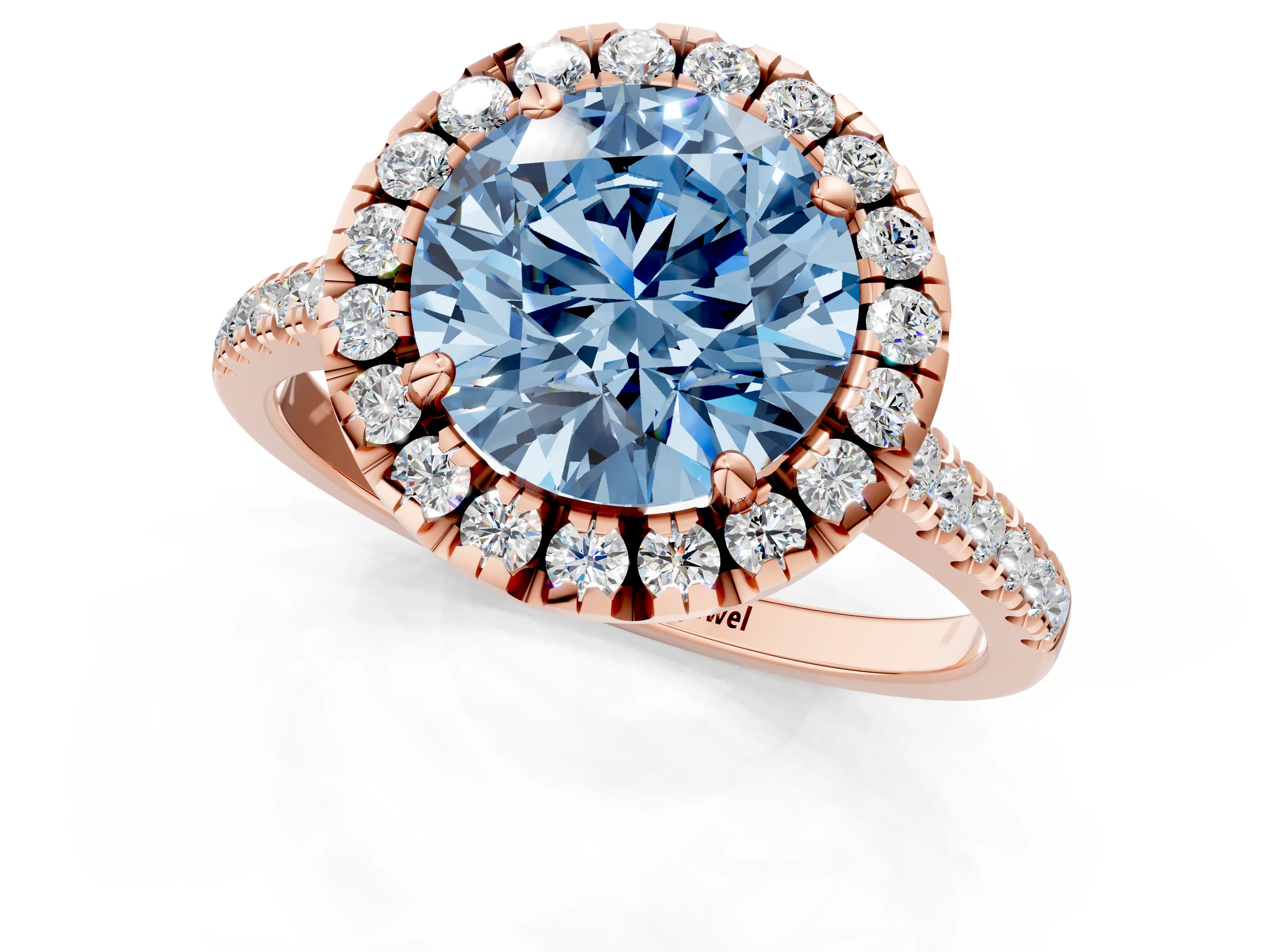 Rose gold Fancy Blue Round Cut Diamond Cushion Halo Ring with Pavé Band_1