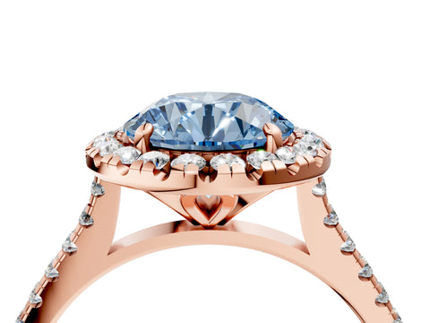 Rose gold Fancy Blue Round Cut Diamond Cushion Halo Ring with Pavé Band_4