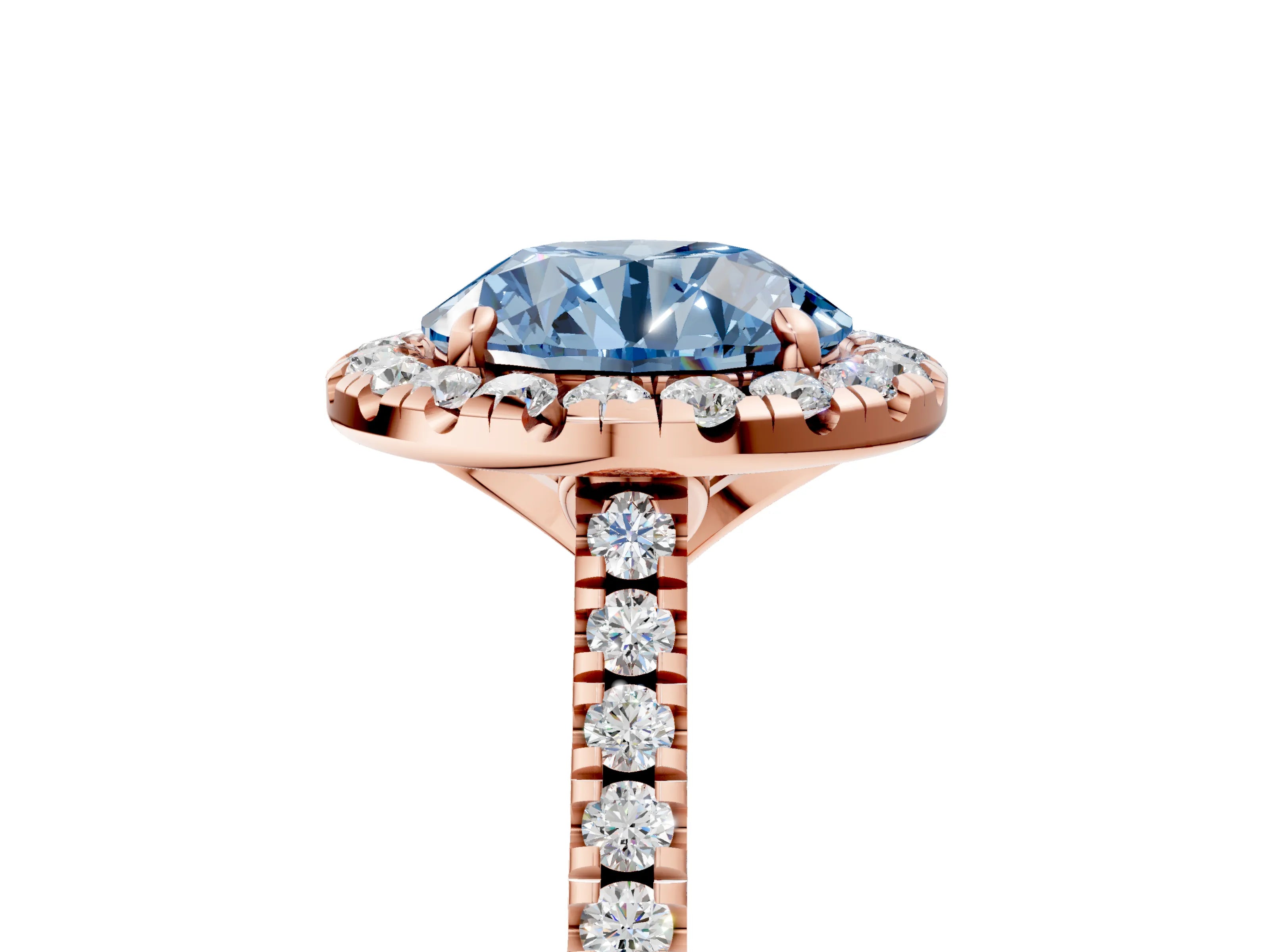 Rose gold Fancy Blue Round Cut Diamond Cushion Halo Ring with Pavé Band_5