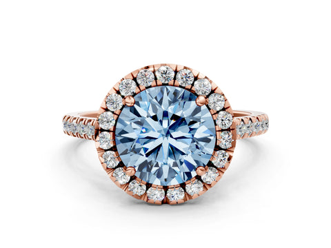 Rose gold Fancy Blue Round Cut Diamond Cushion Halo Ring with Pavé Band