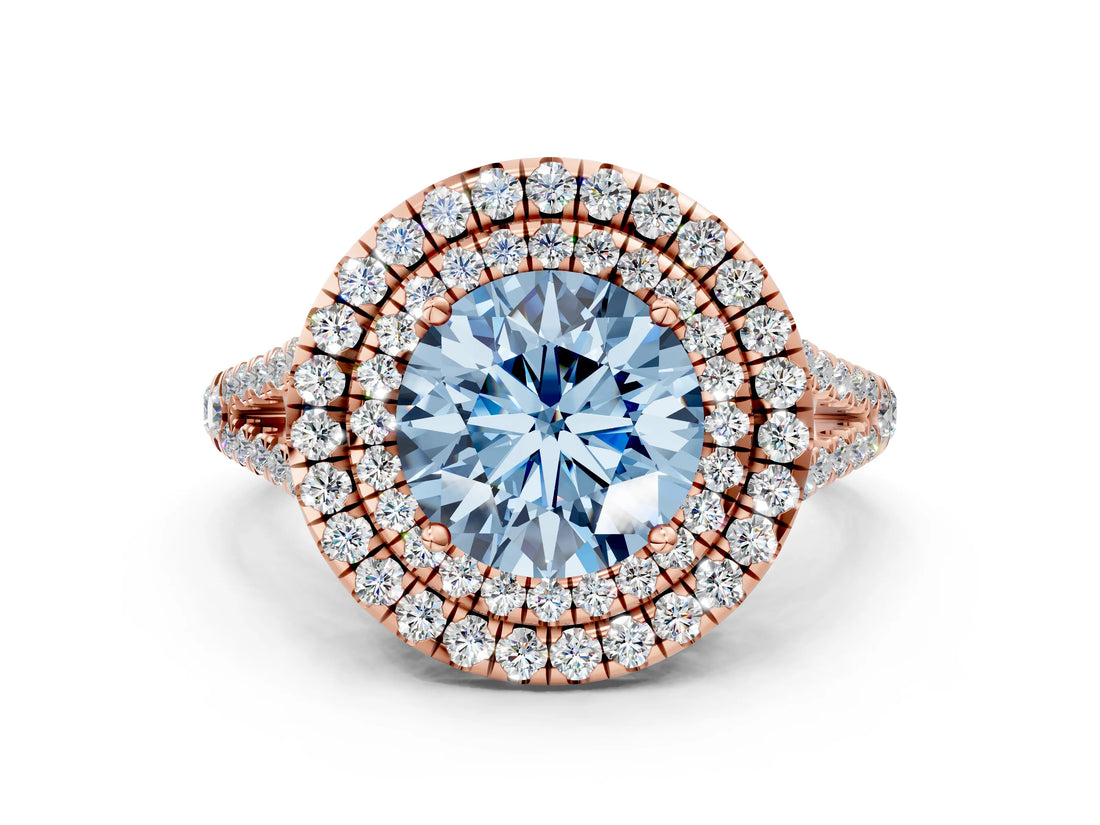Rose gold Fancy Blue Round Cut Diamond Double Halo Ring with Pavé Band and Prong Setting_75