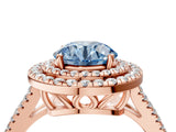Rose gold Fancy Blue Round Cut Diamond Double Halo Ring with Pavé Band and Prong Setting_79