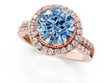 Rose gold Fancy Blue Round Cut Diamond Double Halo Ring with Split Shank and Four-Prong Setting_1