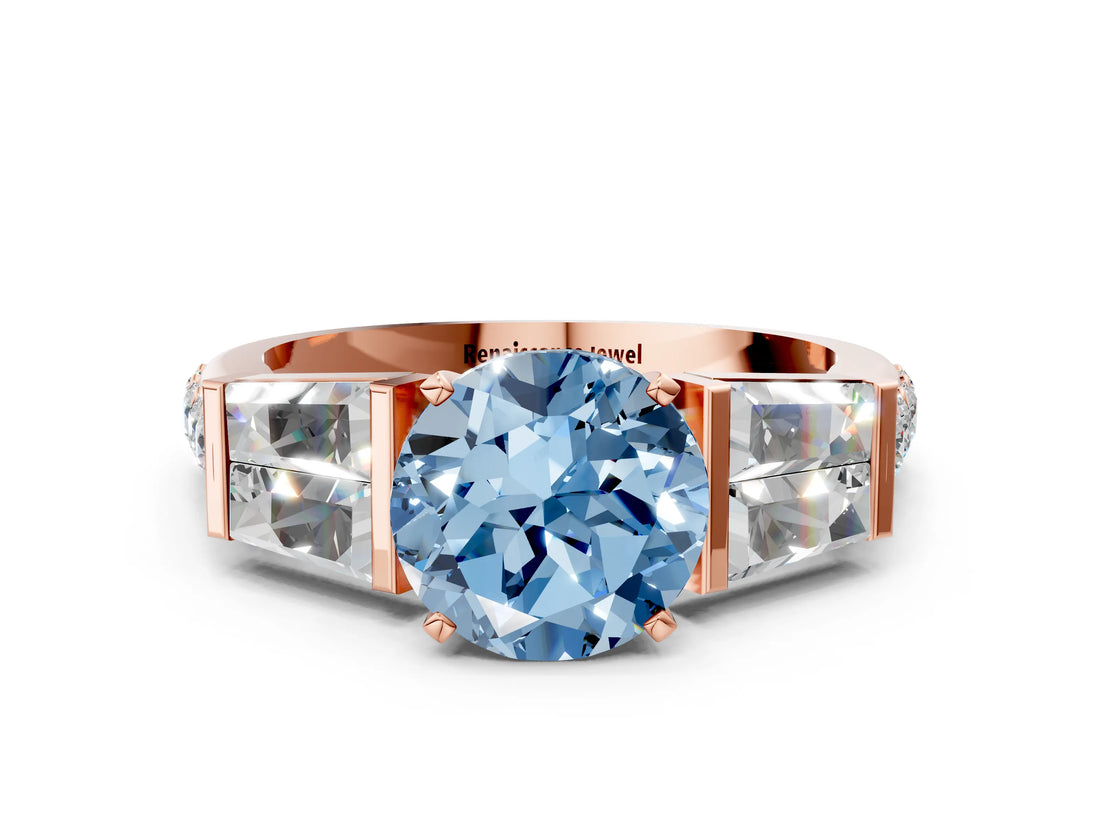 Rose gold Fancy Blue Round Cut Diamond Engagement Ring with Baguette Side Stones and Channel Set Band_20