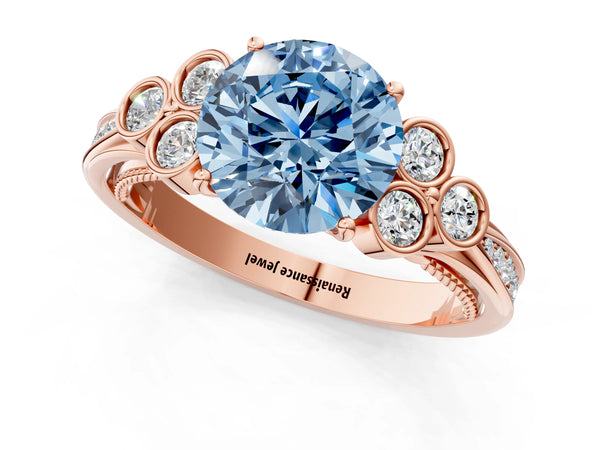 Rose Gold Round Engagement Ring Setting for Fancy Blue Center with Bezel-Set Shoulder Clusters