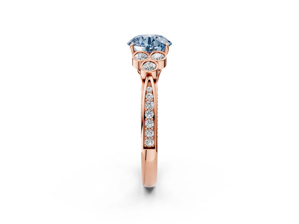 Rose Gold Round Engagement Ring Setting for Fancy Blue Center with Bezel-Set Shoulder Clusters