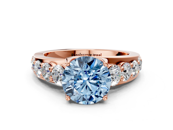Rose gold Fancy Blue Round Cut Diamond Engagement Ring with Pavé Band and Four-Prong Setting