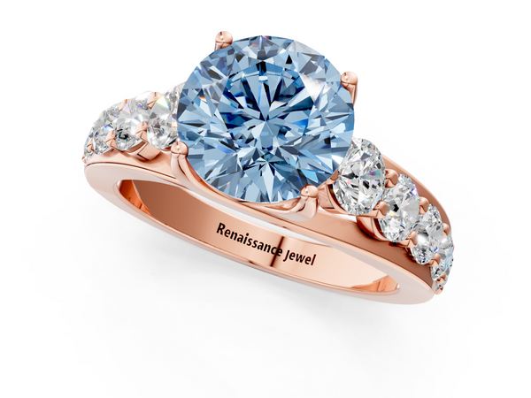 Rose gold Fancy Blue Round Cut Diamond Engagement Ring with Pavé Band and Four-Prong Setting