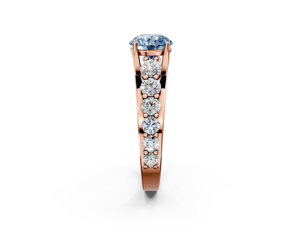 Rose gold Fancy Blue Round Cut Diamond Engagement Ring with Pavé Band and Four-Prong Setting