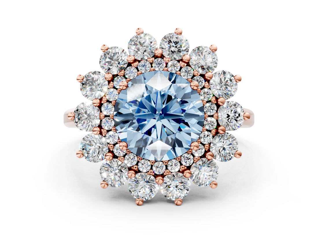 Rose gold Fancy Blue Round Cut Diamond Floral Double Halo Engagement Ring with Prong Setting_24