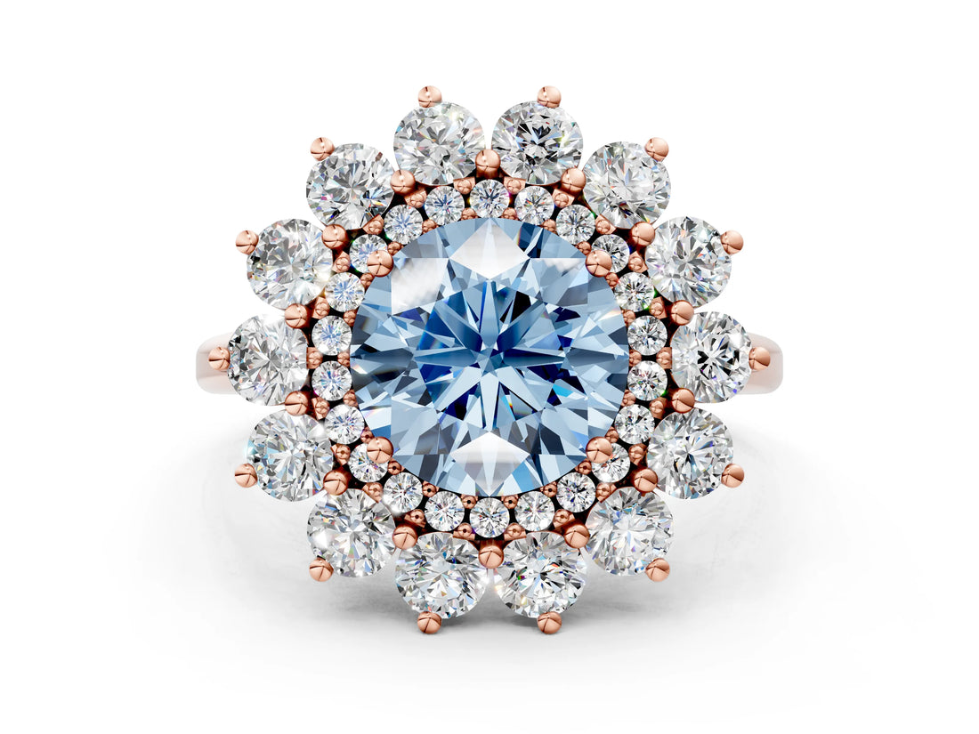 Rose gold Fancy Blue Round Cut Diamond Floral Double Halo Engagement Ring with Prong Setting_60