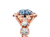 Rose gold Fancy Blue Round  Cut Diamond Floral Halo Engagement Ring with Shared Prong Setting
