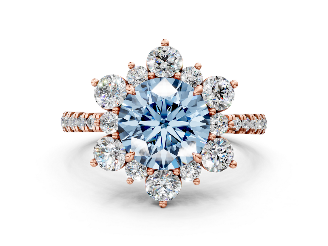 Rose gold Fancy Blue Round  Cut Diamond Floral Halo Pave Band with Prong Setting_37