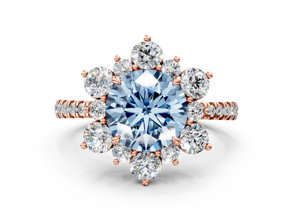 Rose gold Fancy Blue Round  Cut Diamond Floral Halo Pave Band with Prong Setting