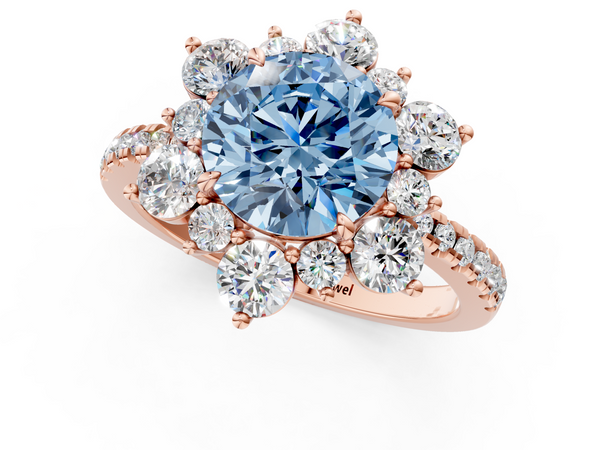 Rose gold Fancy Blue Round  Cut Diamond Floral Halo Pave Band with Prong Setting