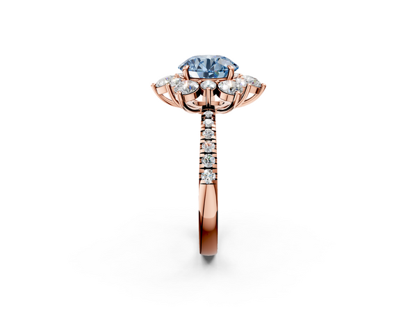 Rose gold Fancy Blue Round  Cut Diamond Floral Halo Pave Band with Prong Setting