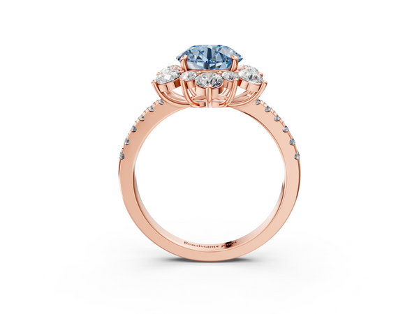 Rose gold Fancy Blue Round  Cut Diamond Floral Halo Pave Band with Prong Setting