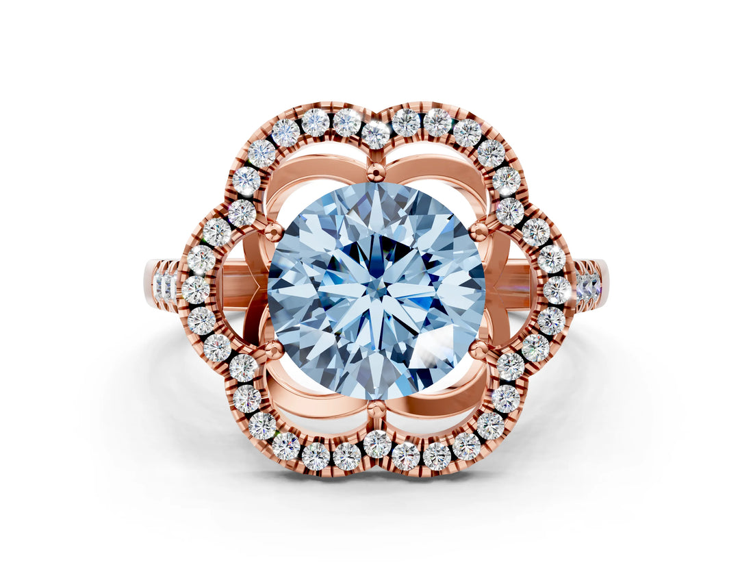 Rose gold Fancy Blue Round Cut Diamond Floral Halo Split Shank Prong Setting Ring
