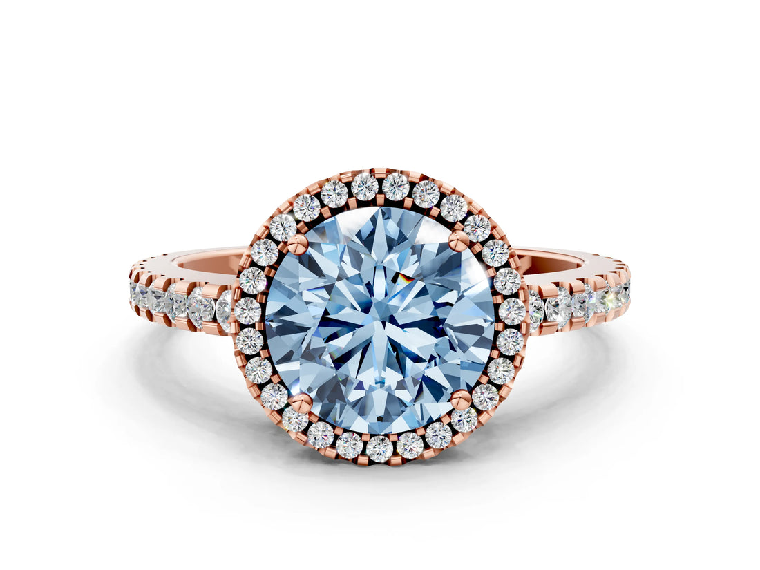 Rose gold Fancy Blue Round Cut Diamond Halo Engagement Ring with Pavé Band and Prong Setting_27