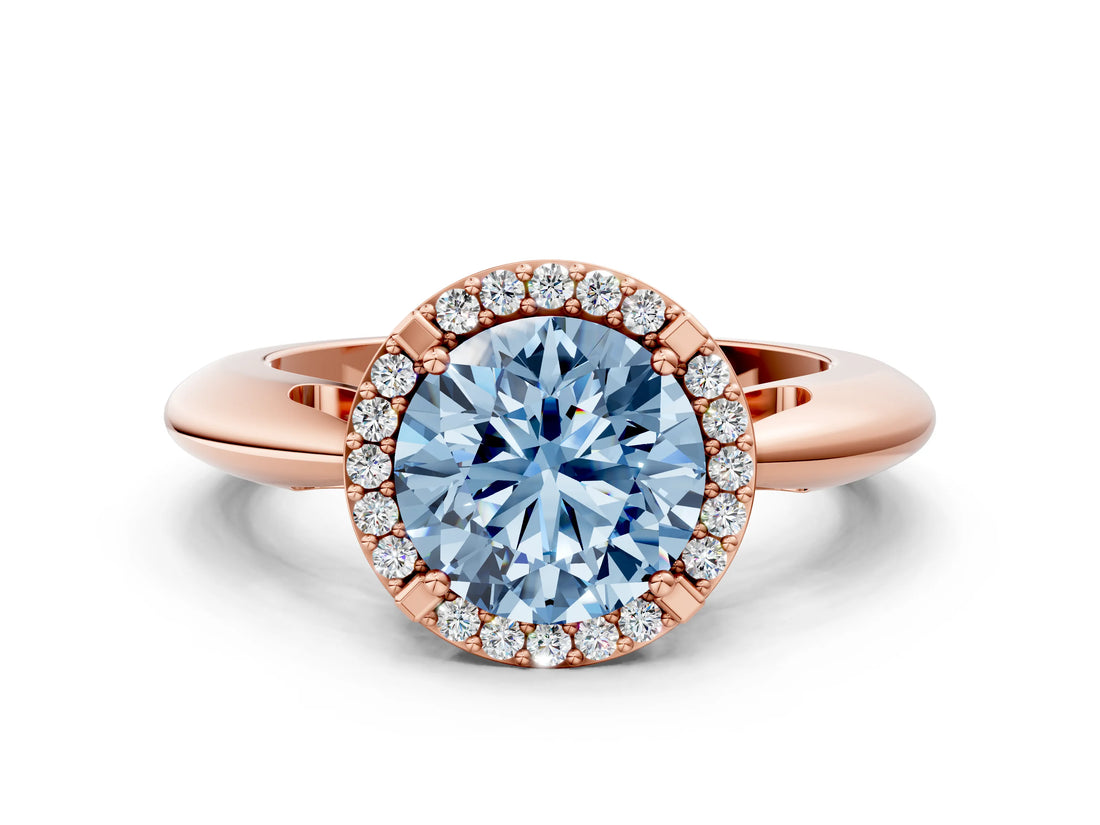 Rose gold Fancy Blue Round  Cut Diamond Halo Engagement Ring with Split Shank and Four-Prong Setting_89