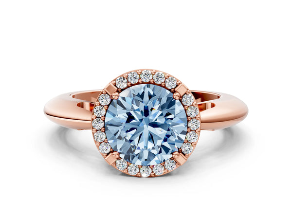 Rose gold Fancy Blue Round  Cut Diamond Halo Engagement Ring with Split Shank and Four-Prong Setting
