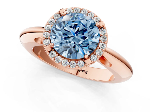 Rose gold Fancy Blue Round  Cut Diamond Halo Engagement Ring with Split Shank and Four-Prong Setting