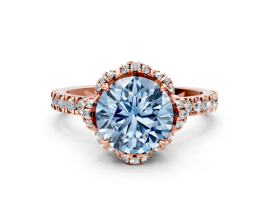 Rose gold Fancy Blue Round Cut Diamond Halo Pave Band with Four-Prong Setting_3
