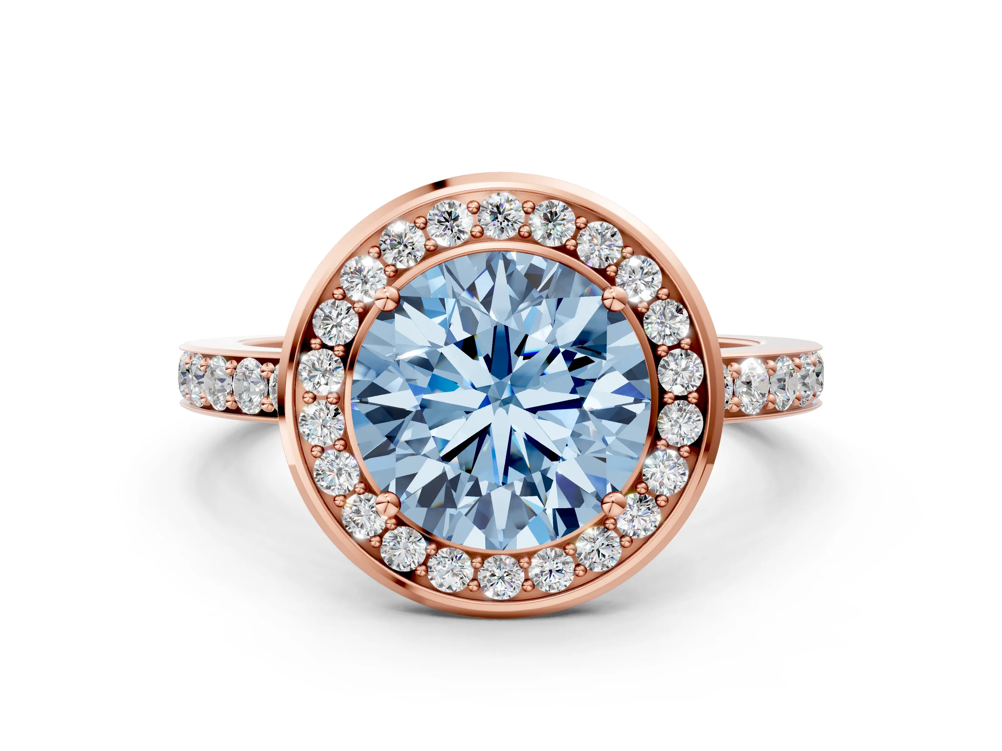 Rose gold Fancy Blue Round Cut Diamond Halo Ring with Bezel Frame and Pavé Band