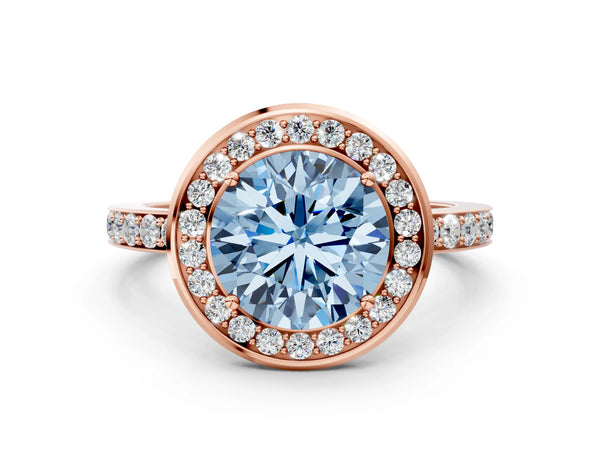 Rose Gold Round Pave Bezel-Rim Halo Engagement Ring Setting for Fancy Blue Center