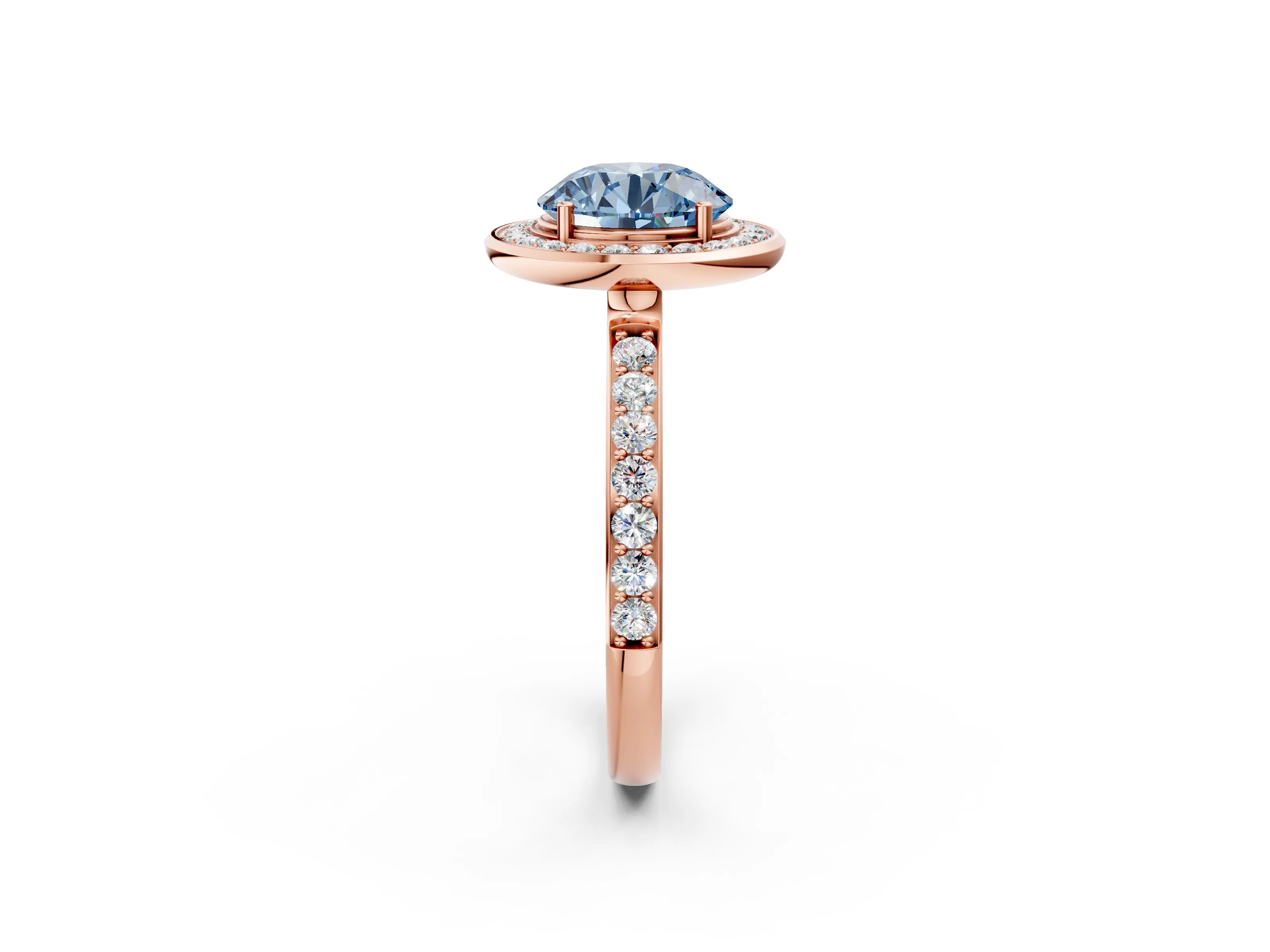 Rose gold Fancy Blue Round Cut Diamond Halo Ring with Bezel Frame and Pavé Band_2
