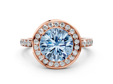 Rose gold Fancy Blue Round Cut Diamond Halo Ring with Bezel Frame and Pavé Band