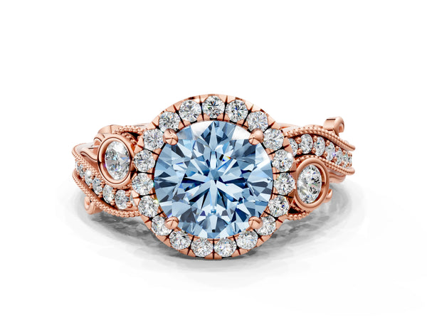 Rose gold Fancy Blue Round Cut Diamond Halo Ring with Milgrain Pavé Band and Four-Prong Setting