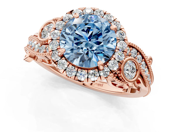 Rose gold Fancy Blue Round Cut Diamond Halo Ring with Milgrain Pavé Band and Four-Prong Setting
