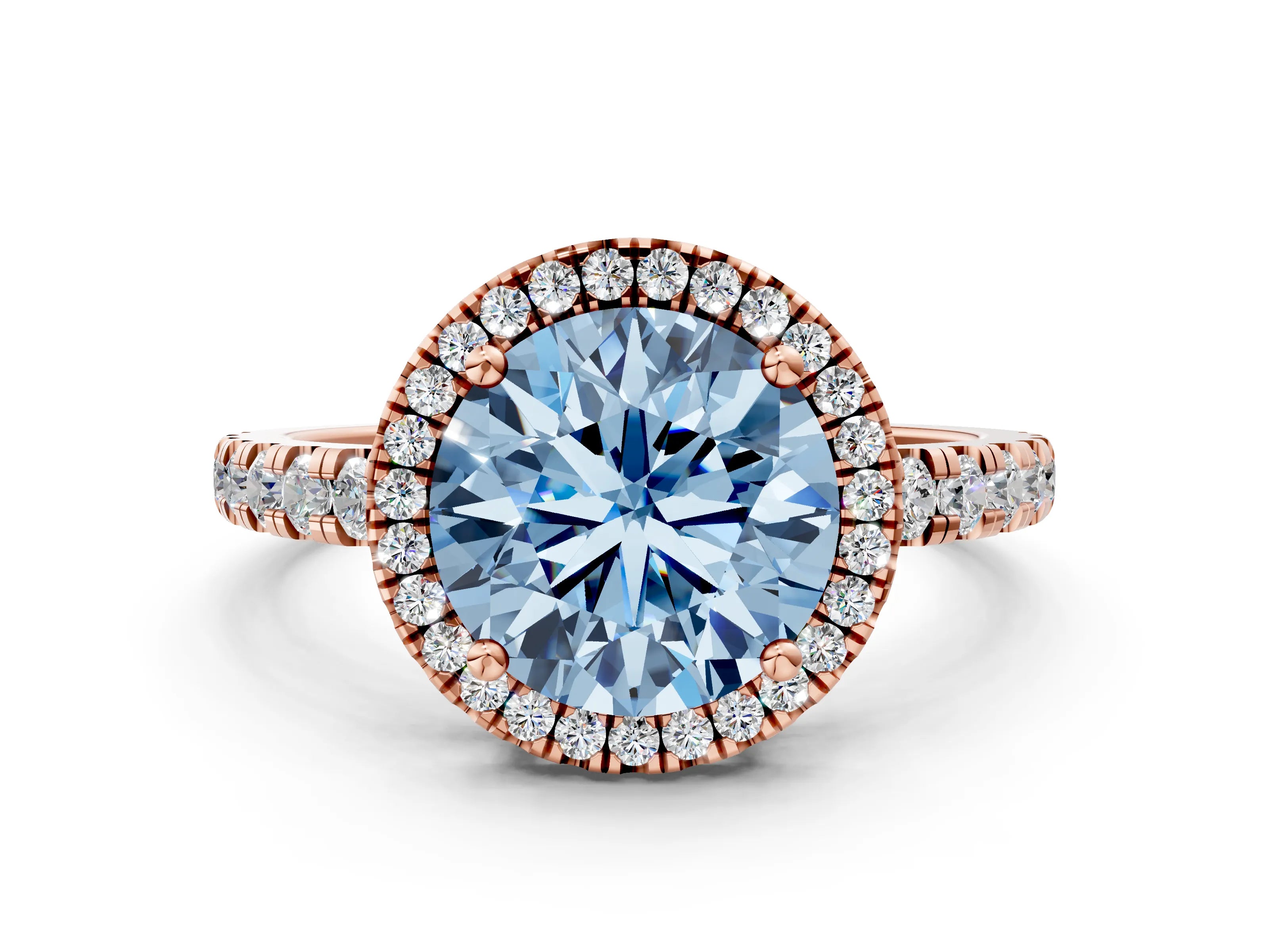 Rose gold Fancy Blue Round Cut Diamond Halo Ring with Pavé Band and Four-Prong Setting
