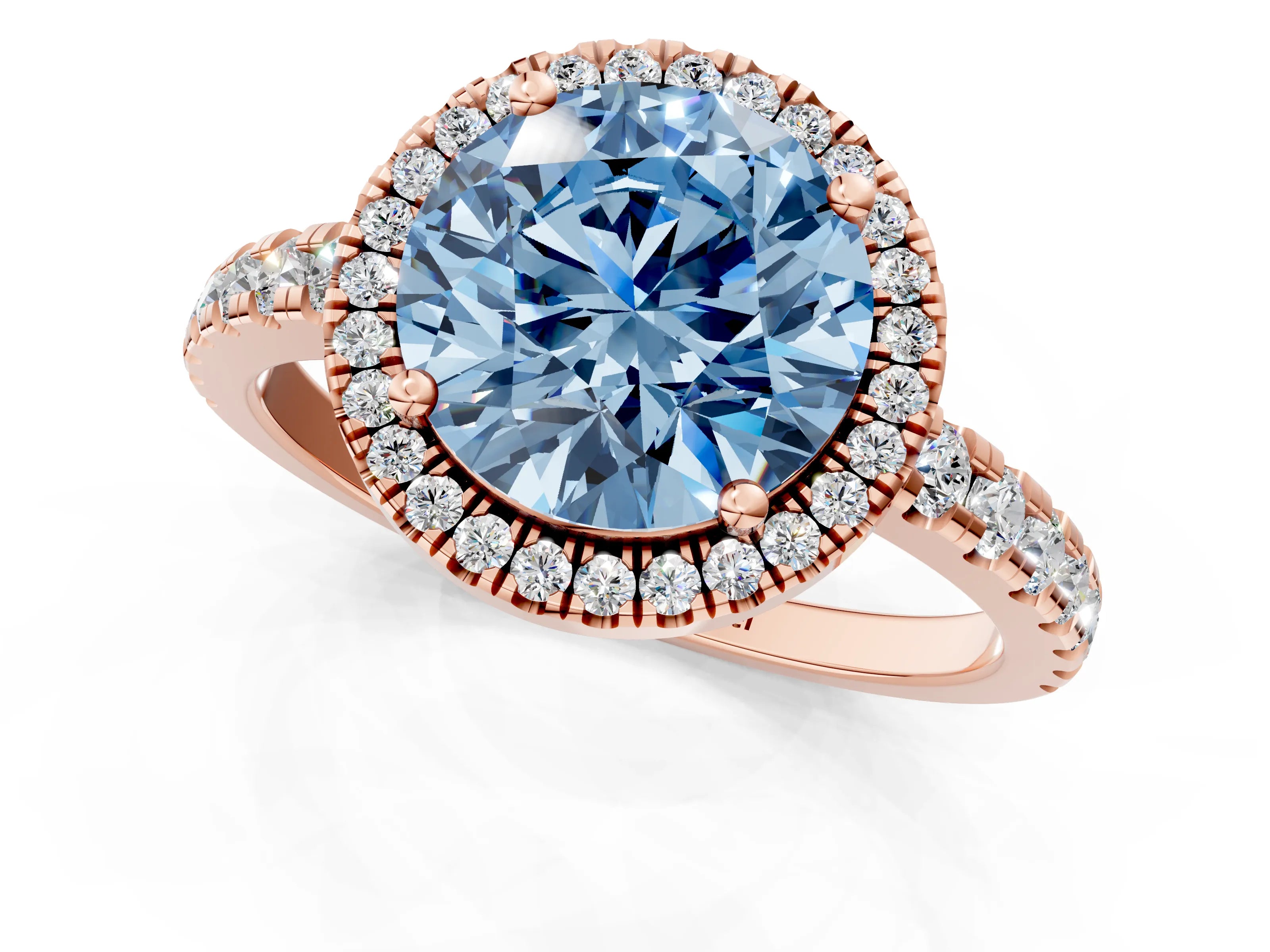 Rose gold Fancy Blue Round Cut Diamond Halo Ring with Pavé Band and Four-Prong Setting_1