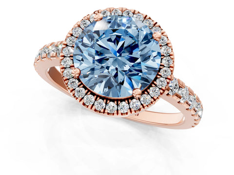 Rose gold Fancy Blue Round Cut Diamond Halo Ring with Pavé Band and Four-Prong Setting_1