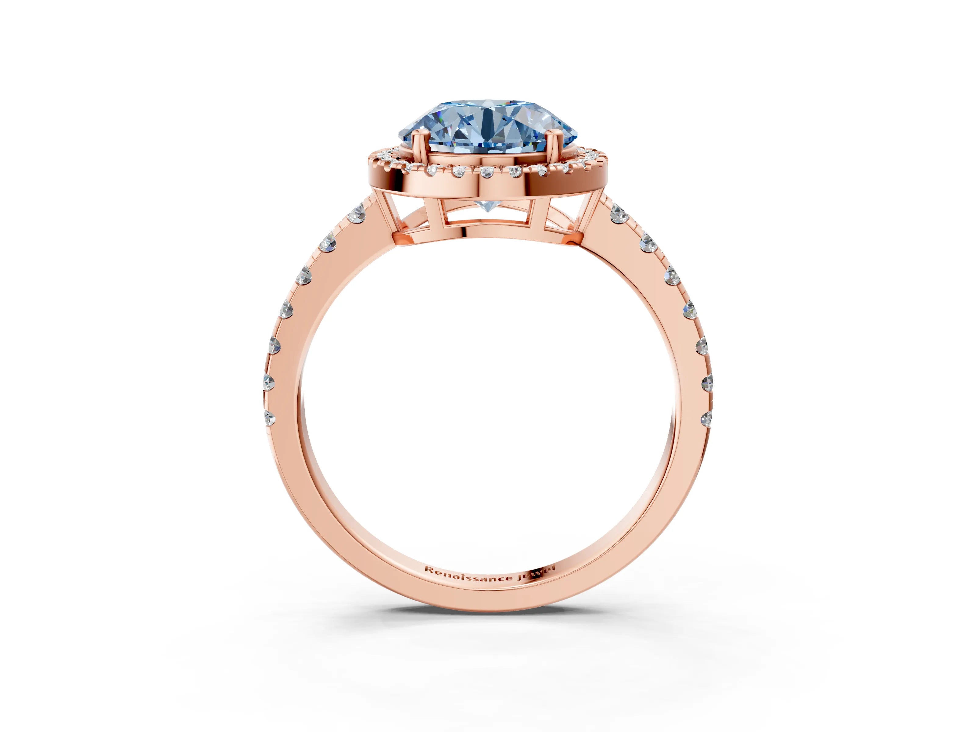 Rose gold Fancy Blue Round Cut Diamond Halo Ring with Pavé Band and Four-Prong Setting_3