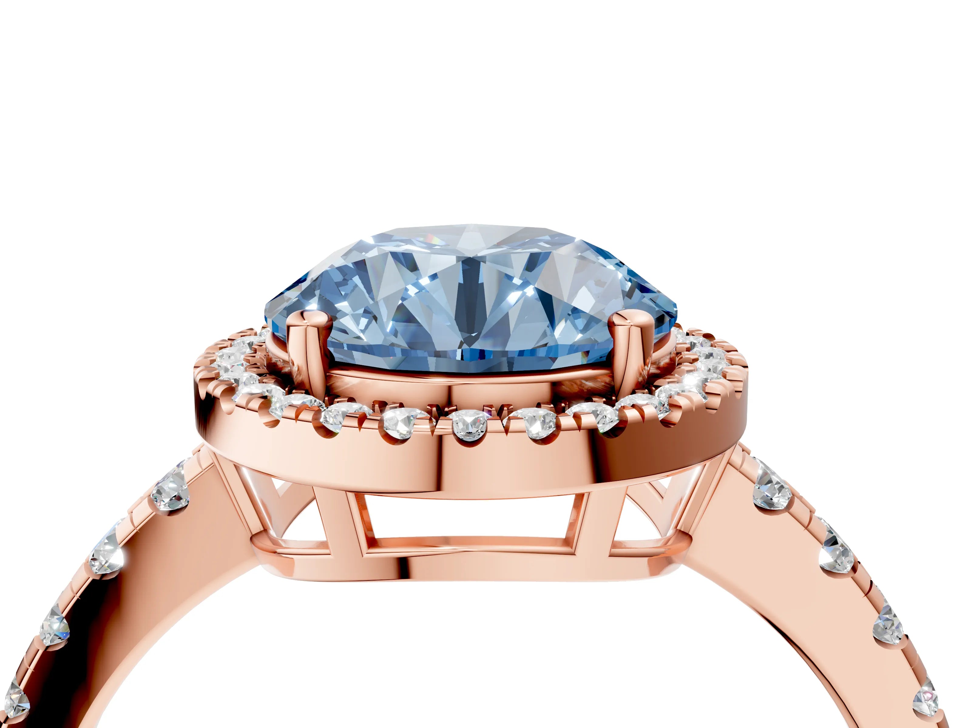 Rose gold Fancy Blue Round Cut Diamond Halo Ring with Pavé Band and Four-Prong Setting_4