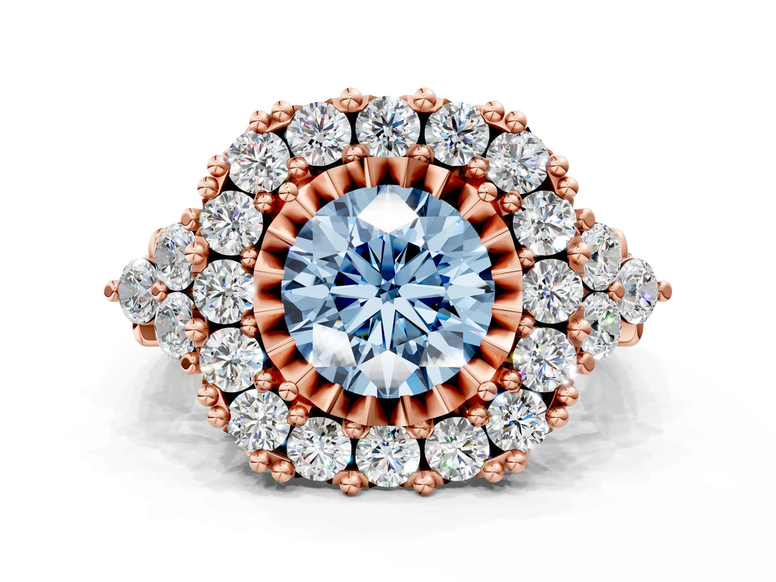 Rose gold Fancy Blue Round Cut Diamond Halo Ring with Pavé Band and Four-Prong Setting_41