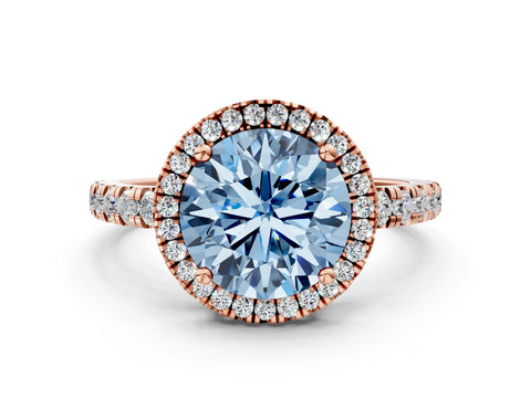 Rose gold Fancy Blue Round Cut Diamond Halo Ring with Pavé Band and Four-Prong Setting